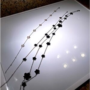 Three Clover Necklaces Silver Toned. White 9” Choker, Black 10” Choker & 22”Long